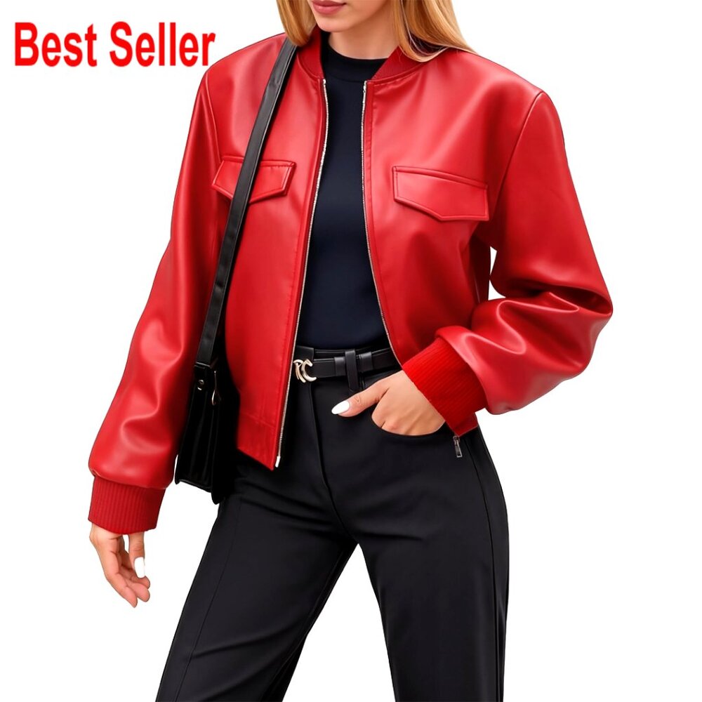 Faux Leather Cropped Bomber Jacket Women's Xs-Xxl Casual Streetwear